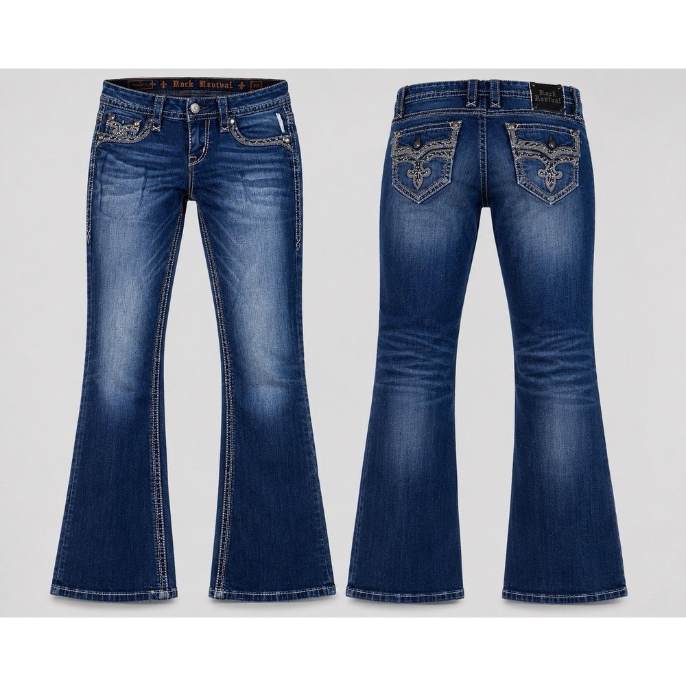 ROCK REVIVAL jeans womens 26x32 ADORNA BOOT thick stitch rhinestones embelished